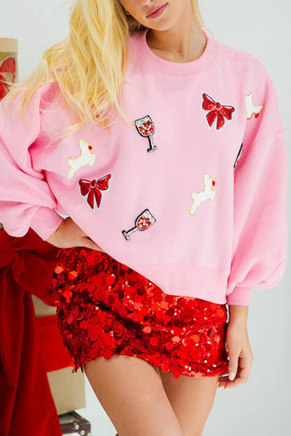 Sudadera holgada de manga larga con lentejuelas y copa de vino con lazo navideño