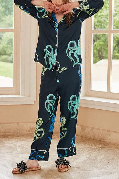 Conjunto de dos piezas de manga larga con estampado de pulpo negro