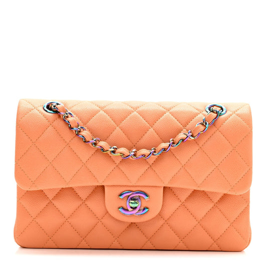 Caviar Quilted Rainbow CC Small Double Flap Orange