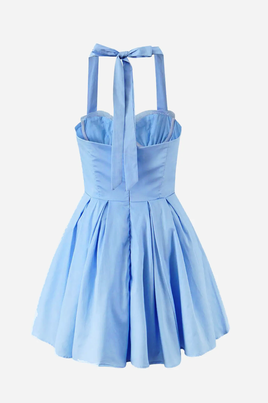 Vestido corto Esther con cuello halter, cordones y volantes en el dobladillo 