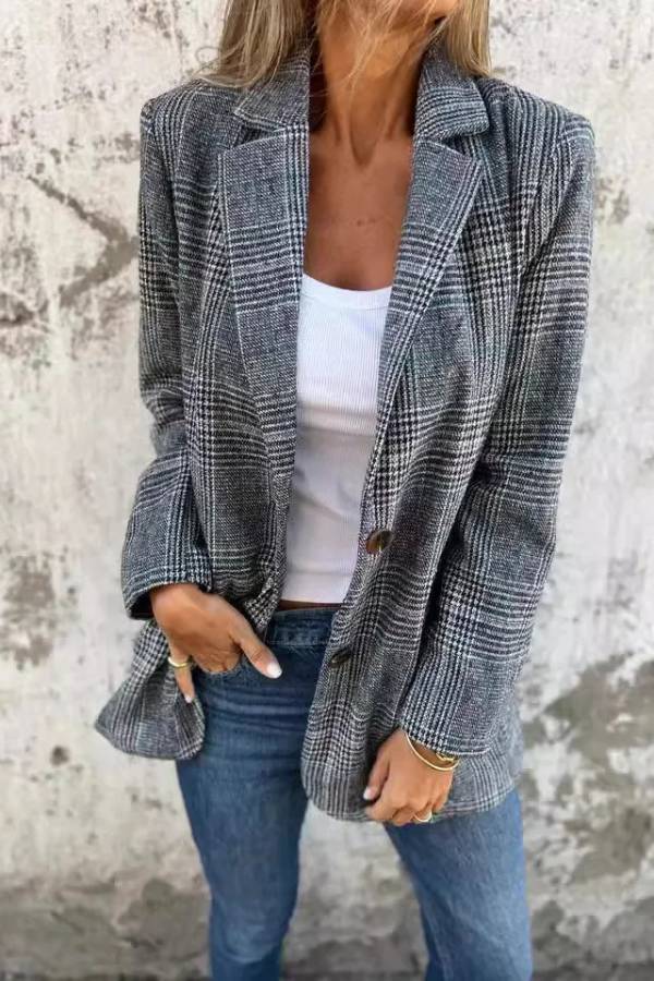 Abrigo de traje con solapa a cuadros estilo retro informal y elegante