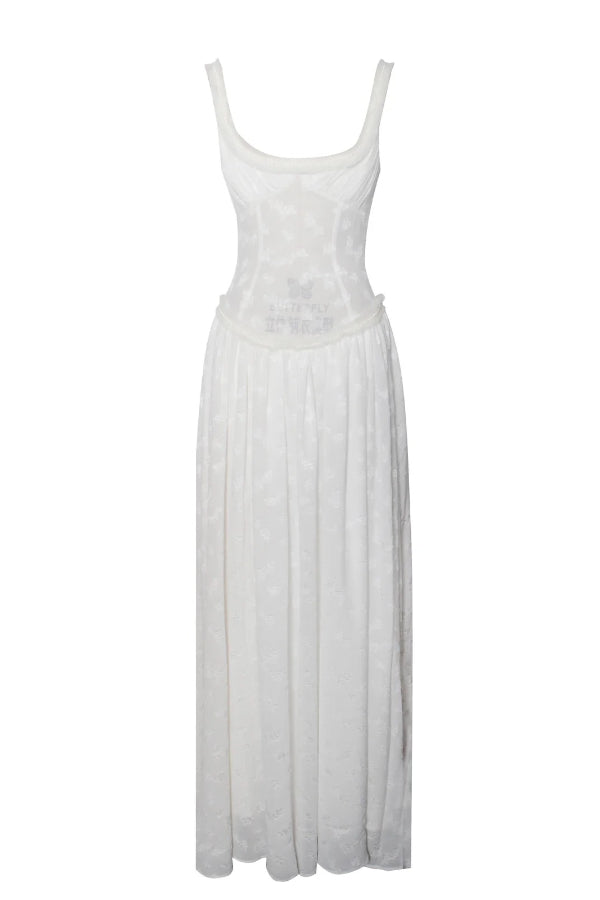 Vestido largo Ulissa verde claro con escote cuadrado, textura jacquard y abertura alta