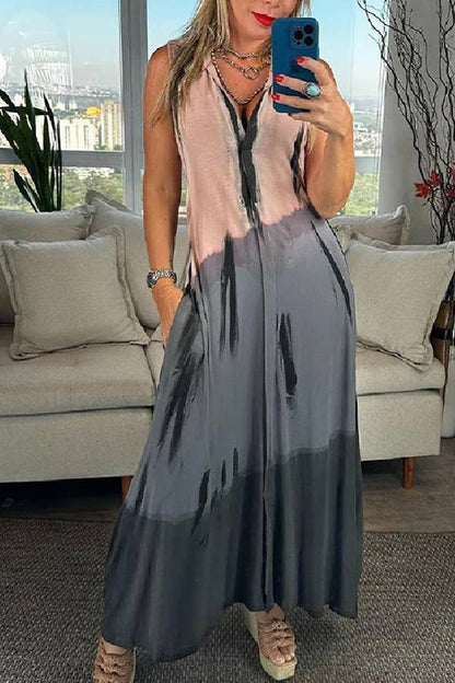 Vestido largo con cuello en V, sin mangas, estampado de bloques de color