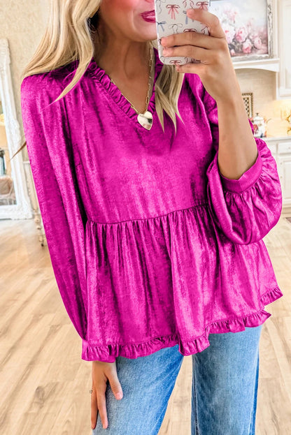 Blusa babydoll de terciopelo con cuello en V y mangas abullonadas