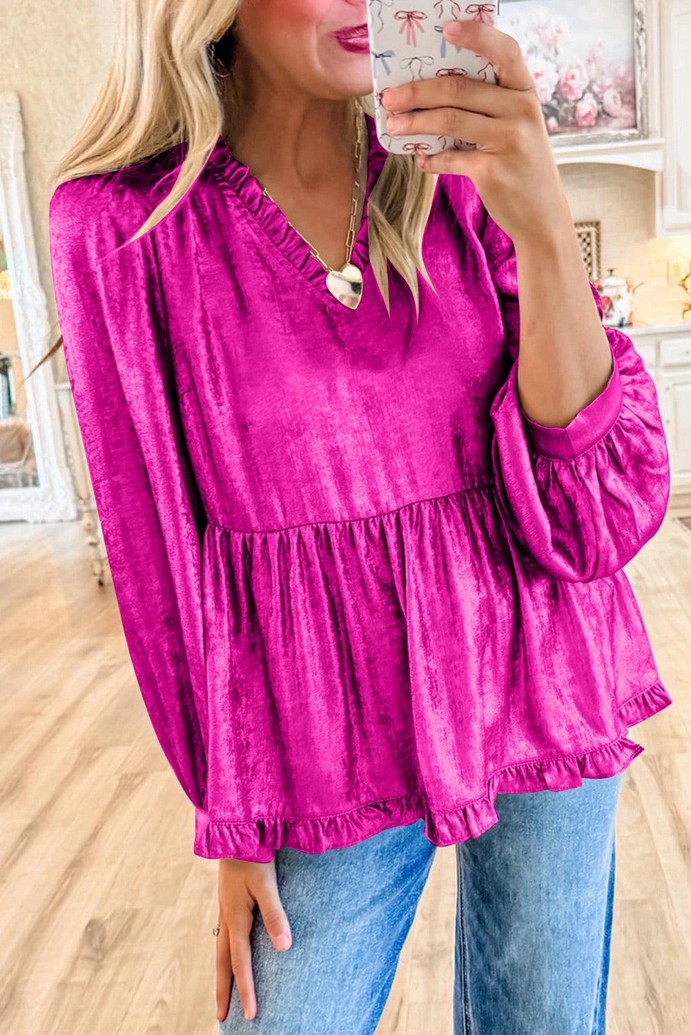 Blusa babydoll de terciopelo con cuello en V y mangas abullonadas