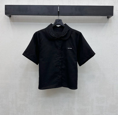 Miu SS26 Set Scalloped-Collar Shirt A-line Skirt Black Cotton Linen 351921