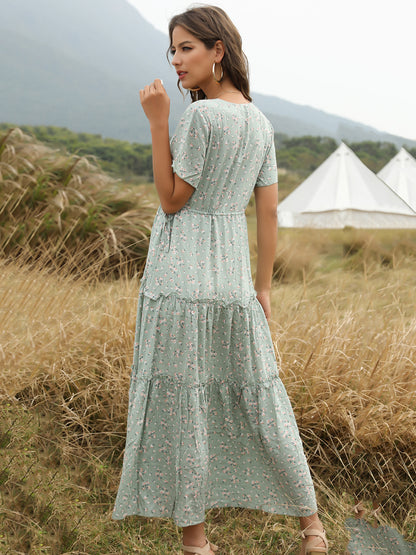 Boho Maxi Dress V Neck Short Sleeves Floral Print Summer Dresses