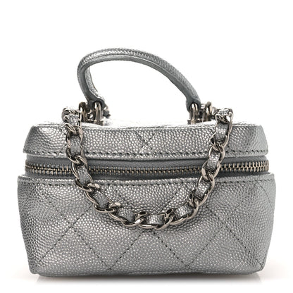 Metallic Caviar Quilted Mini Top Handle Vanity With Chain Silver