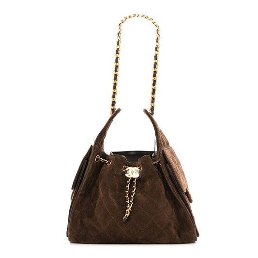 Suede Quilted Small Chanel 25 Handbag Dark Brown