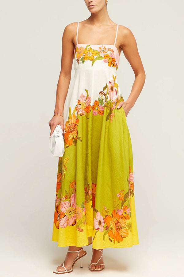 Vestido largo de mezcla de lino con estampado floral en contraste y bolsillos fruncidos en la espalda
