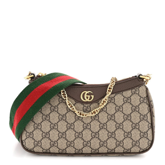 GG Supreme Monogram Textured Dollar Calfskin Web Small Ophidia GG Handbag Beige Ebony New Acero