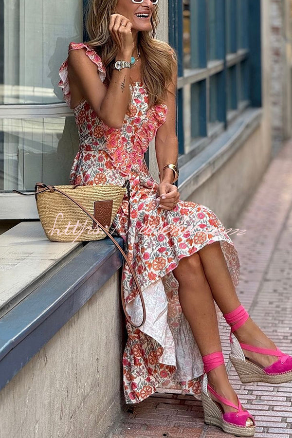 Garden Goddess Floral Print Ruffle Design Maxi Dress