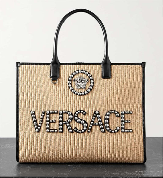 VERSACE Medusa leather-trimmed embellished raffia tote