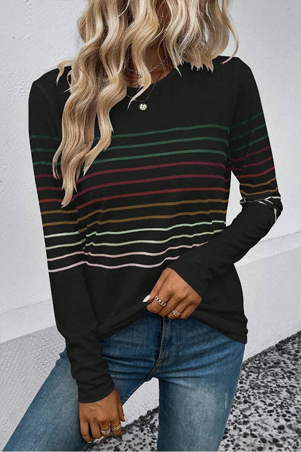 Top de manga larga con cuello redondo y rayas negras