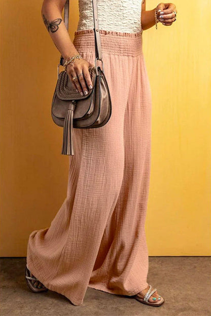 Pantalones de lino y algodón con cintura elástica y pierna ancha fruncidos