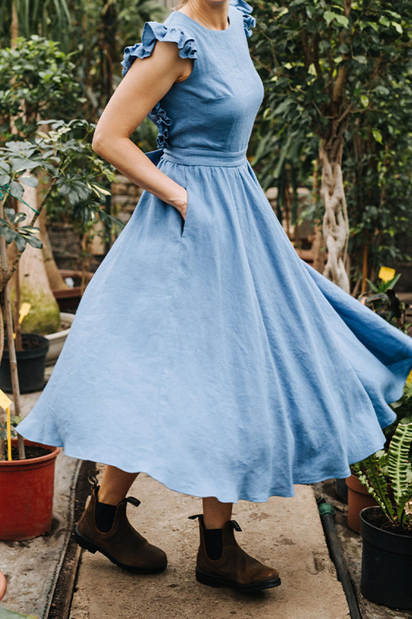 VESTIDO DE LINO CON MANGAS CON VOLANTES Y ESPALDA DESCONECTADAS