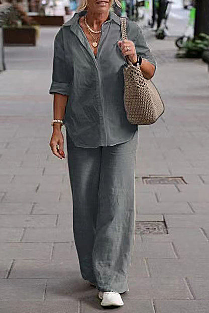 Conjunto de dos piezas: camisa de manga larga con solapa y pantalón ancho de color liso informal