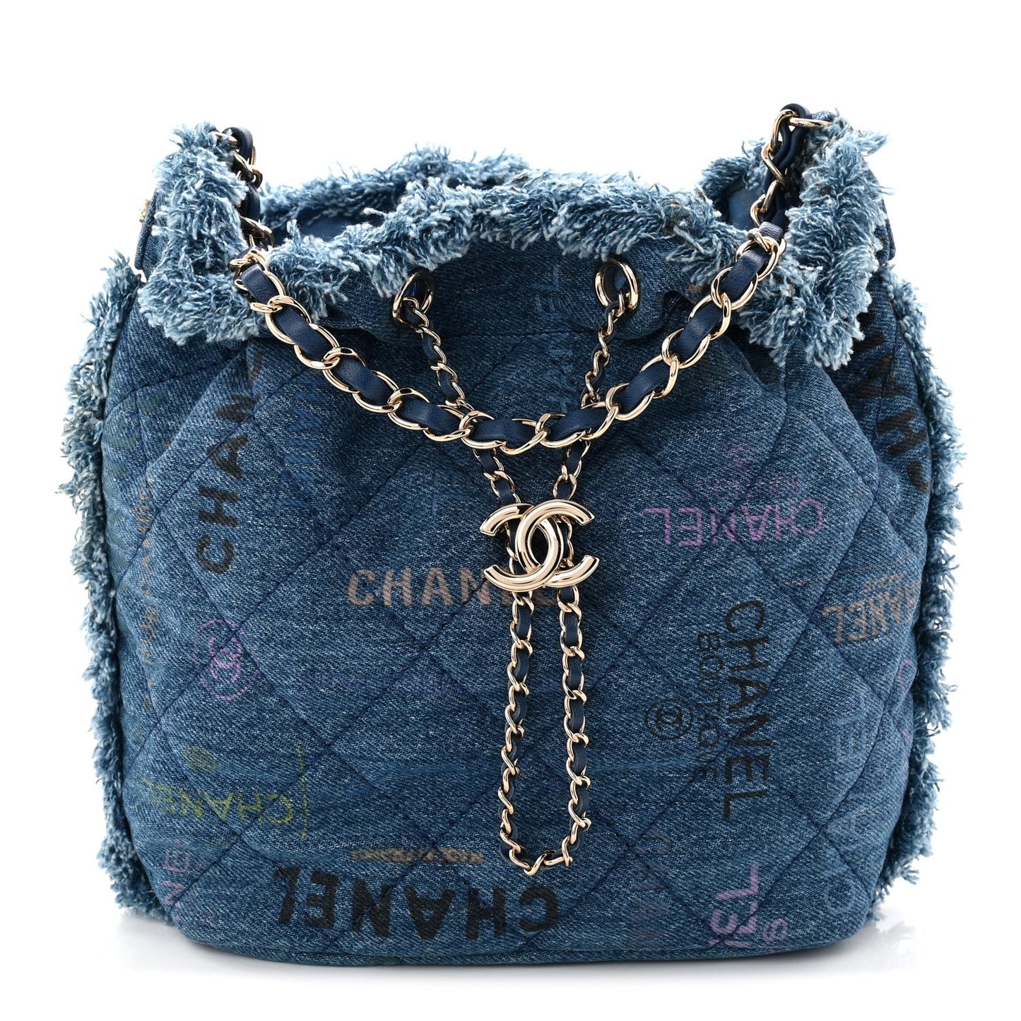 Denim Quilted Small Mood Bucket With Chain Blue Yellow Orange