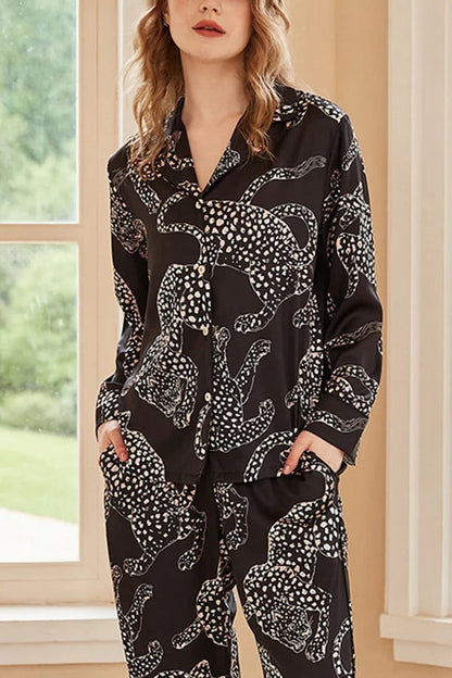 Conjunto de dos piezas de manga larga para casa con estampado de jaguar negro