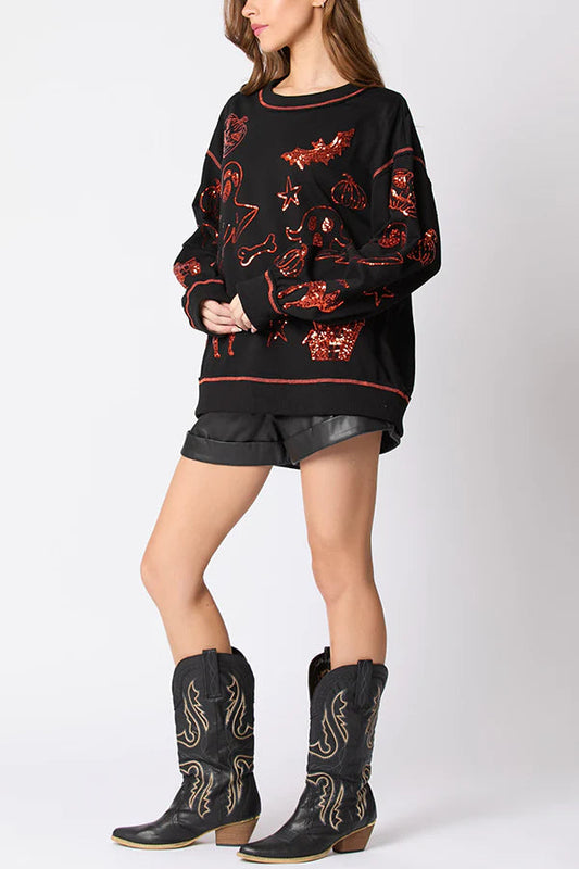 Sudadera informal holgada con lentejuelas y grafiti de Halloween 