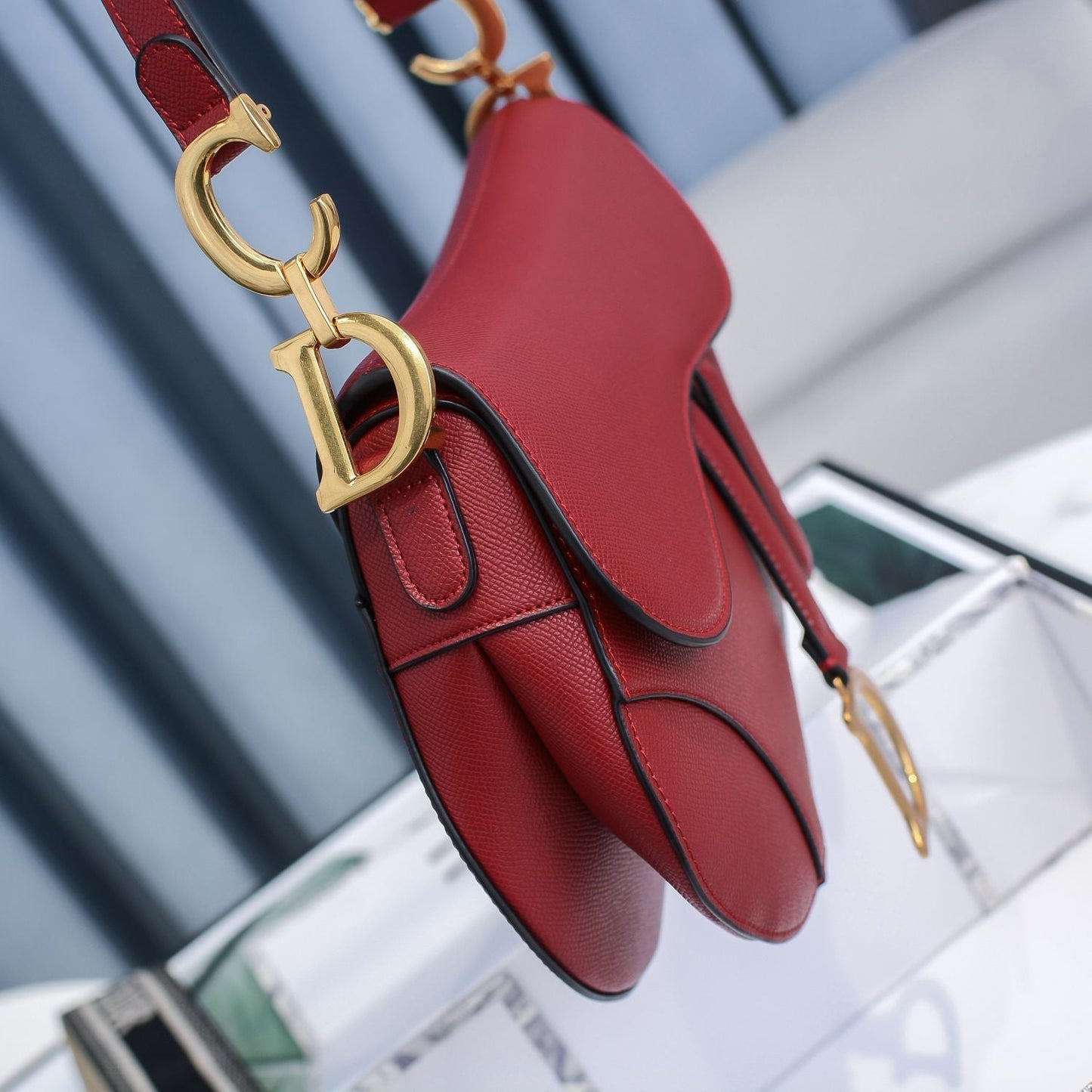 Saddle Bag with Strap  Grained Calfskin