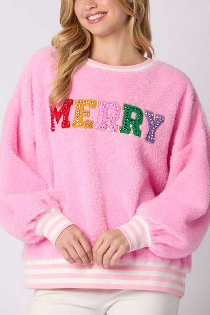Sudadera de cuello redondo de manga larga con letras navideñas y diamantes de imitación