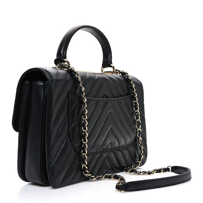 Lambskin Chevron Quilted Medium Trendy CC Dual Handle Flap Bag Black