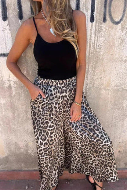 Pantalones anchos con bolsillo y cintura elástica con estampado de leopardo