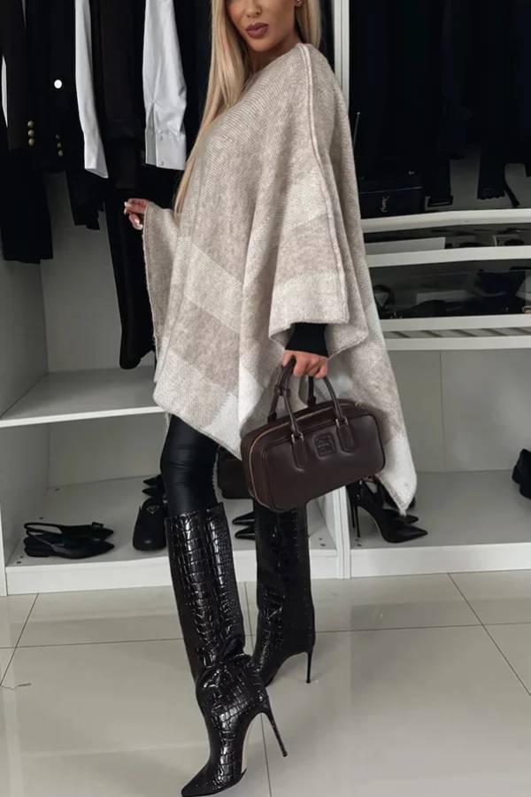 Poncho holgado con mangas murciélago, de punto a cuadros y bloques de color, tranquilo y elegante 
