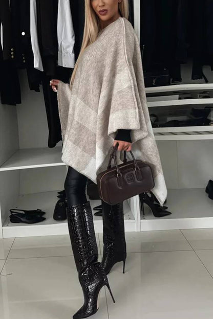 Poncho holgado con mangas murciélago, de punto a cuadros y bloques de color, tranquilo y elegante 