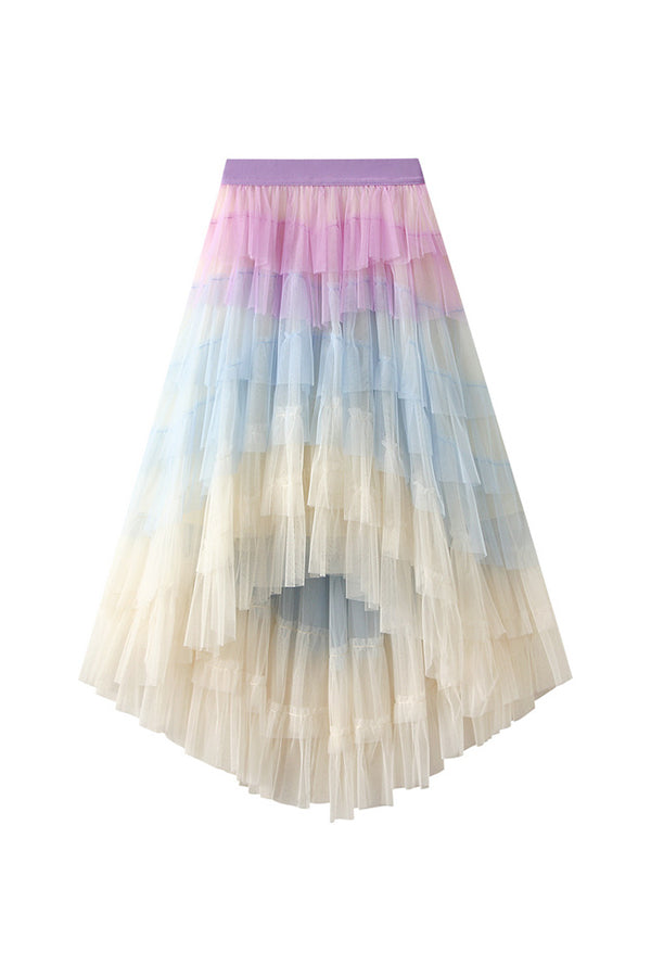 Falda de pastel irregular, falda de malla de cintura alta