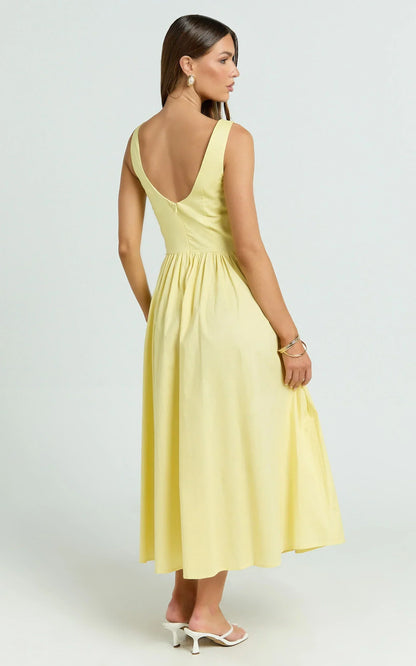 Beckett Midi Dress - Scoop Neck Drop V Waist Gathered Skirt Dress in Butter Yellow