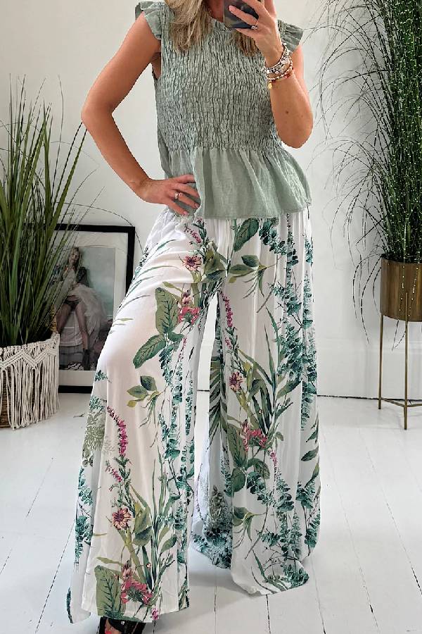 Pantalones palazzo de pierna ancha con cintura fruncida y estampado botánico de jardín de verano