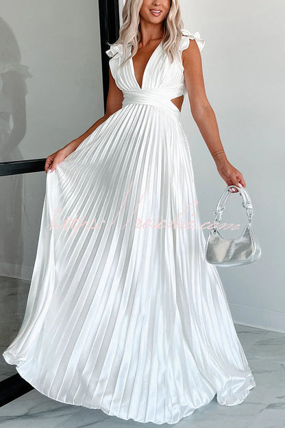 Opulent Occasion Satin Pleated Ruffle Sleeve Back Lace-up Maxi Dress
