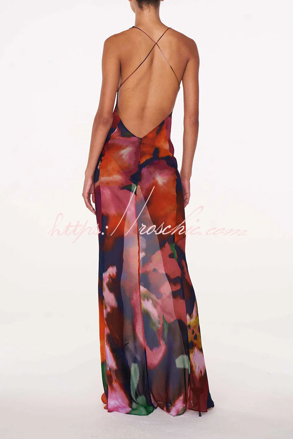 Rosalinda Abstract Floral Print Lace Patchwork Back Lace-up Maxi Dress