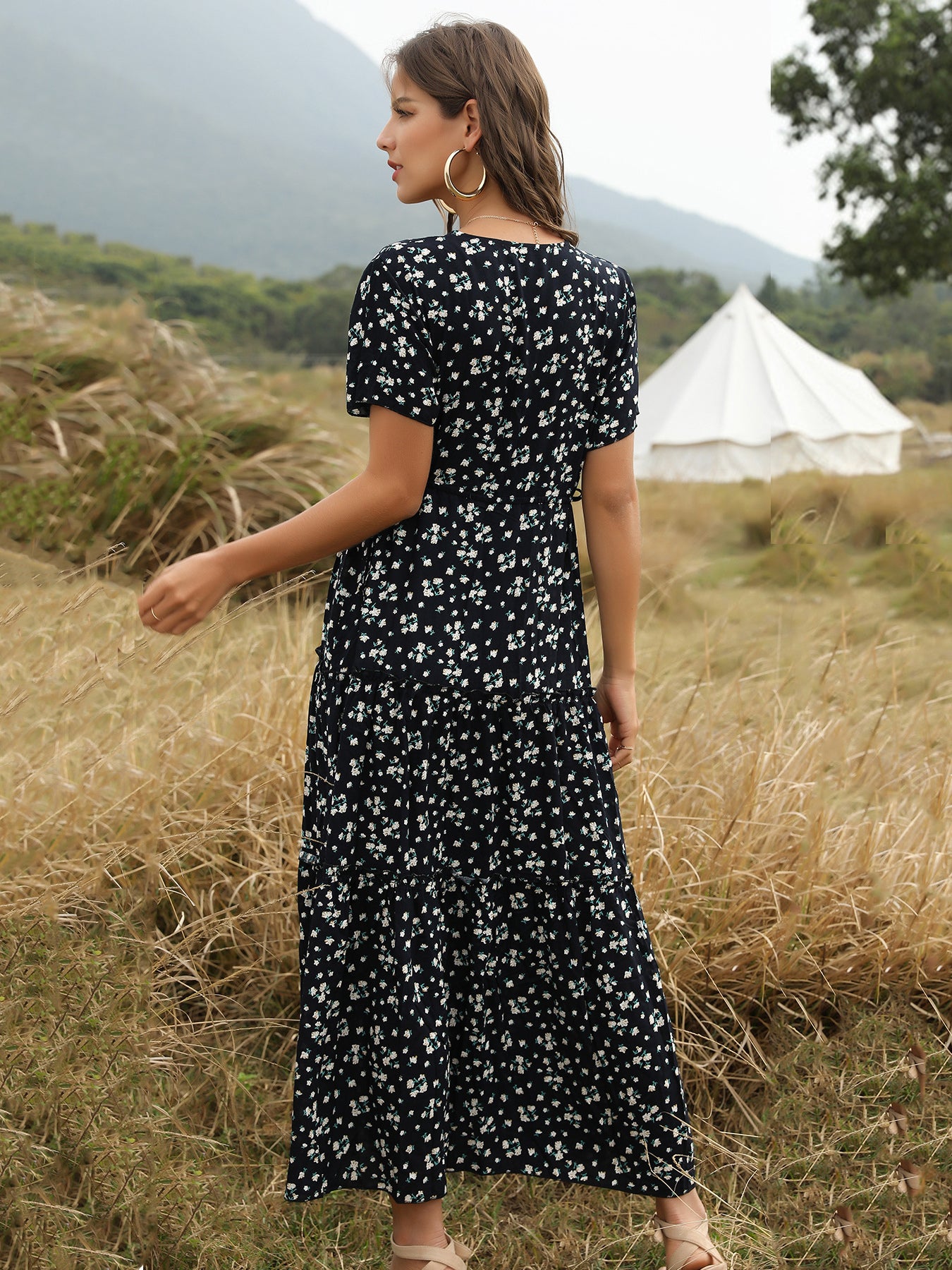 Boho Maxi Dress V Neck Short Sleeves Floral Print Summer Dresses