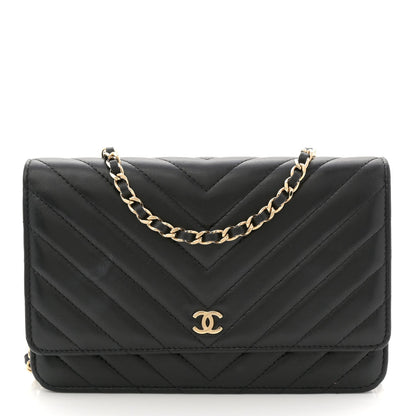 Lambskin Chevron Quilted Wallet On Chain WOC Black