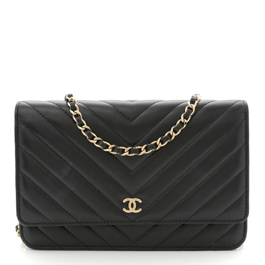 Lambskin Chevron Quilted Wallet On Chain WOC Black