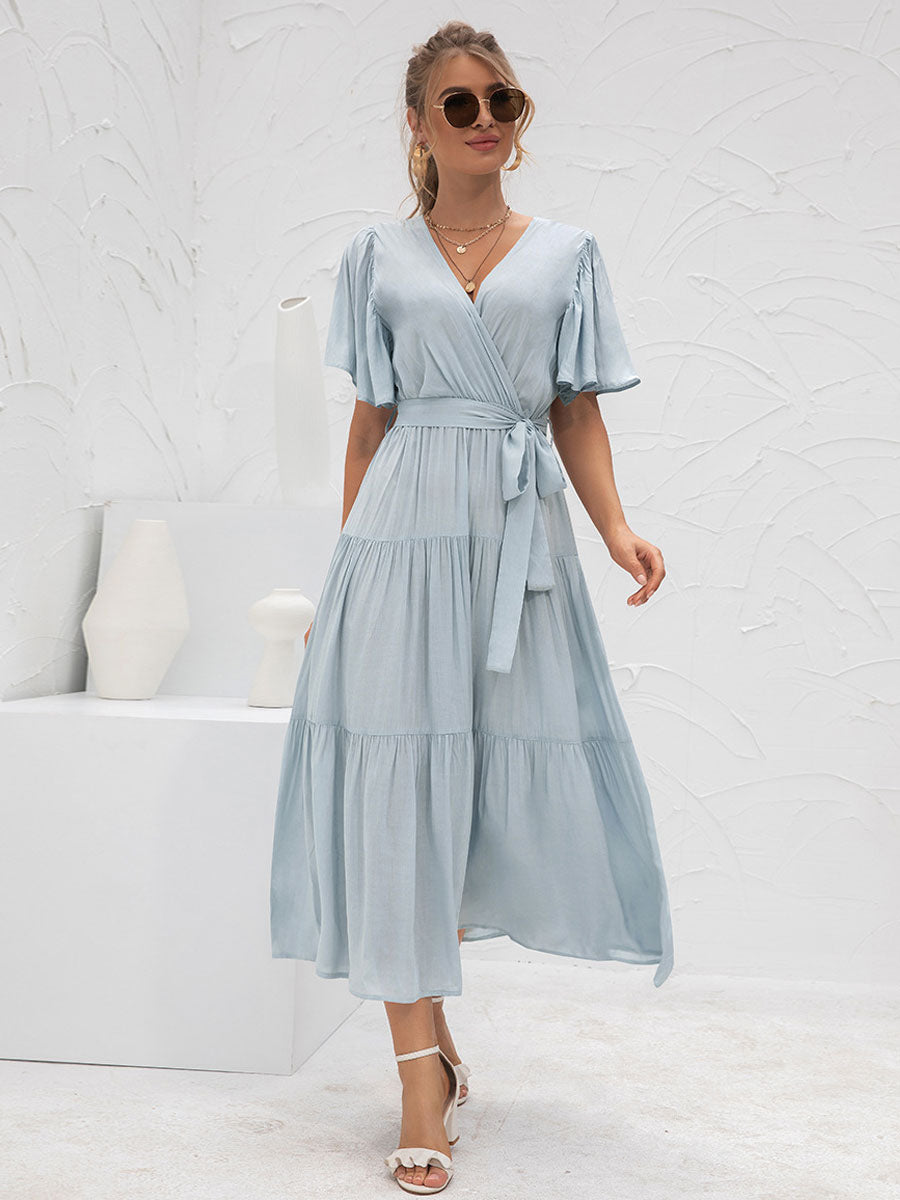 V-Neck Maxi Dress Short Sleeves Casual Layered Floor Length Dress