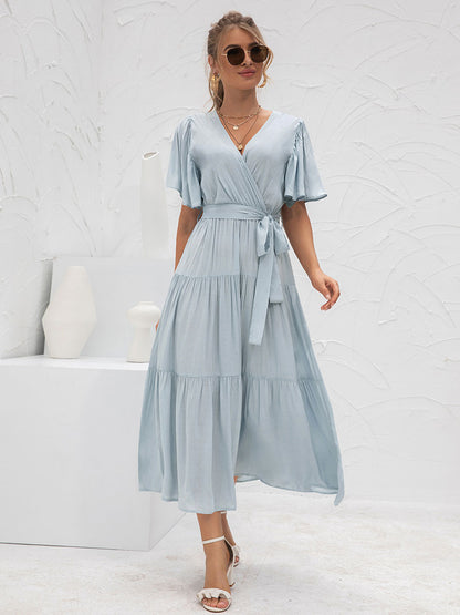 V-Neck Maxi Dress Short Sleeves Casual Layered Floor Length Dress
