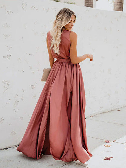 Wrap Dress Sleeveless Blush Pink V Neck Knotted Slit Prom Maxi Dresses