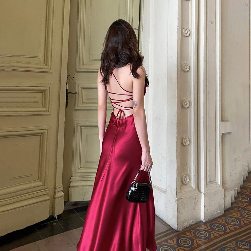 Autumn Sexy Women Clothing Maxi Dress Elegant Slim Strap Satin A Hem Backless Dress Women