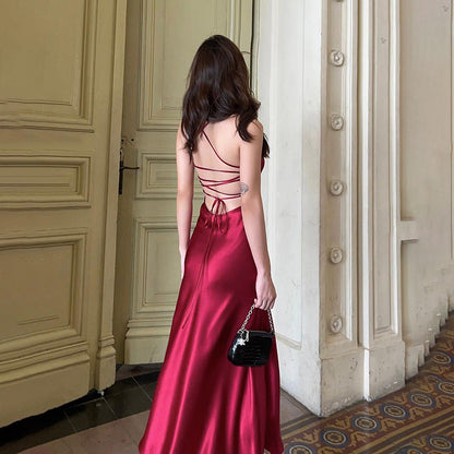 Autumn Sexy Women Clothing Maxi Dress Elegant Slim Strap Satin A Hem Backless Dress Women