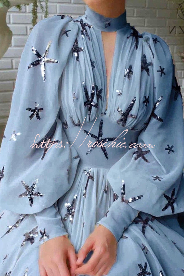 Grand Evening Chiffon Star Sequins Lantern Sleeve Party Maxi Dress