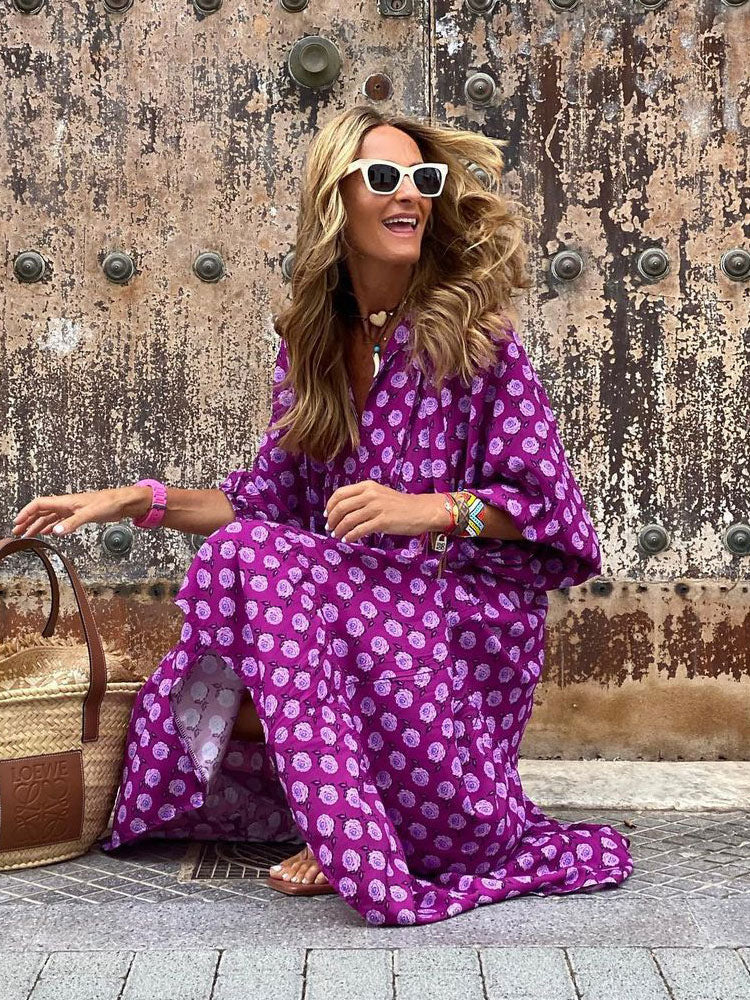 Jewel Neck Maxi Dress 3/4 Length Sleeves Casual Floral Print Long Dress