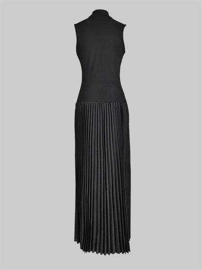 Bodycon Sleeveless Hollow Pleated Solid Color Split-Joint Mock Neck Maxi Dresses