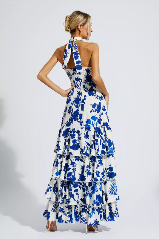 Mae Blue Bohemian Lace-up Maxi Dress