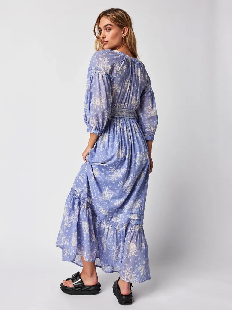 A-Line Flowy Dress Printed V-Neck Puff Sleeves Casual Summer Maxi Dresses
