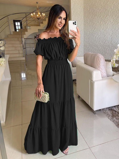 Boho Dress Off The Shoulder Pleated Tiered Casual Summer Maxi Dresses