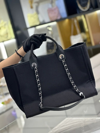 Chanel Natural Canvas and Black Leather Large Pearl Deauville Tote - 30x39x22cm